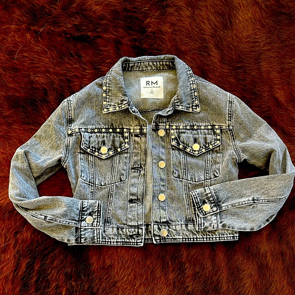 Rebecca Minkoff black studded acid wash denim jacket size Small NWOT